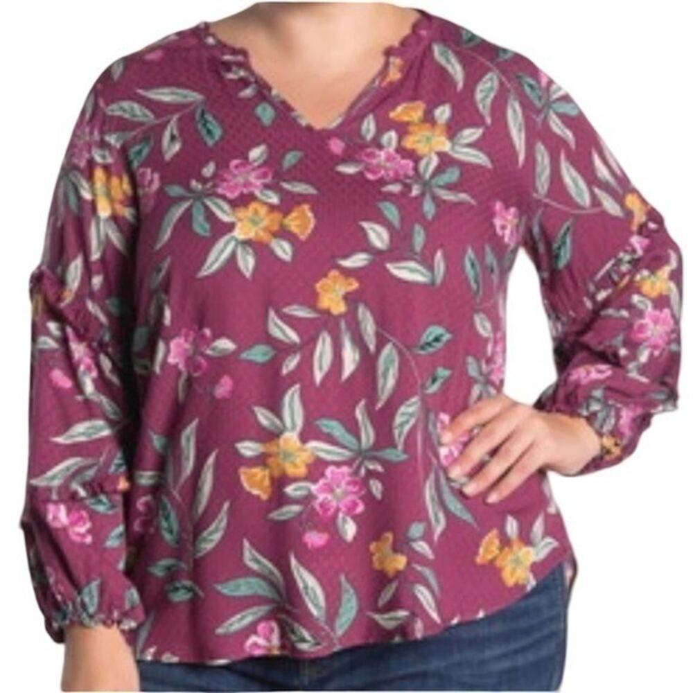 Democracy Womens Plus 2X Floral Ruffle V-Neck Dobby Blouse Plum WNT102448E NEW